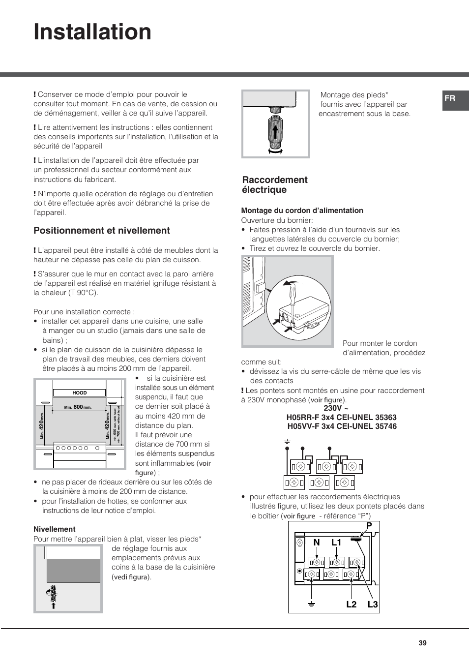 Installation, Positionnement et nivellement, Raccordement électrique | Nl2 l1 l3 p | Hotpoint Ariston CE6IFA.F X F-HA S User Manual | Page 39 / 68