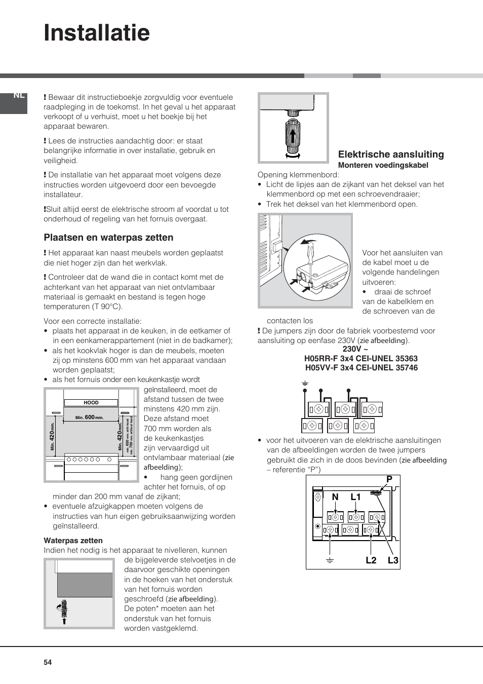 Installatie, Plaatsen en waterpas zetten, Elektrische aansluiting | Nl2 l1 l3 p | Hotpoint Ariston CE6IFA.F X F-HA S User Manual | Page 54 / 68