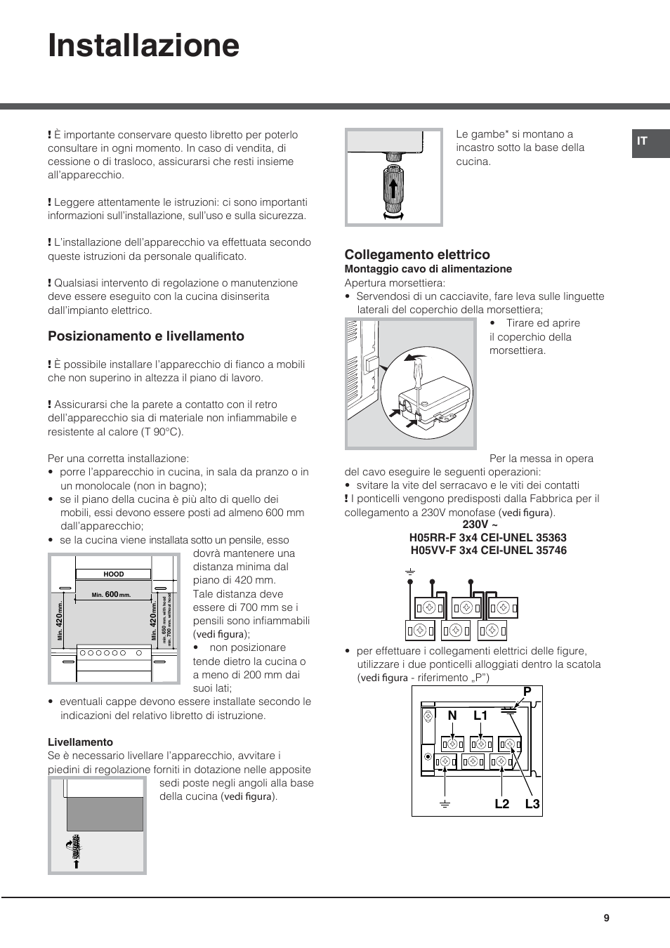 Installazione, Posizionamento e livellamento, Collegamento elettrico | Nl2 l1 l3 p | Hotpoint Ariston CE6IFA.F X F-HA S User Manual | Page 9 / 68