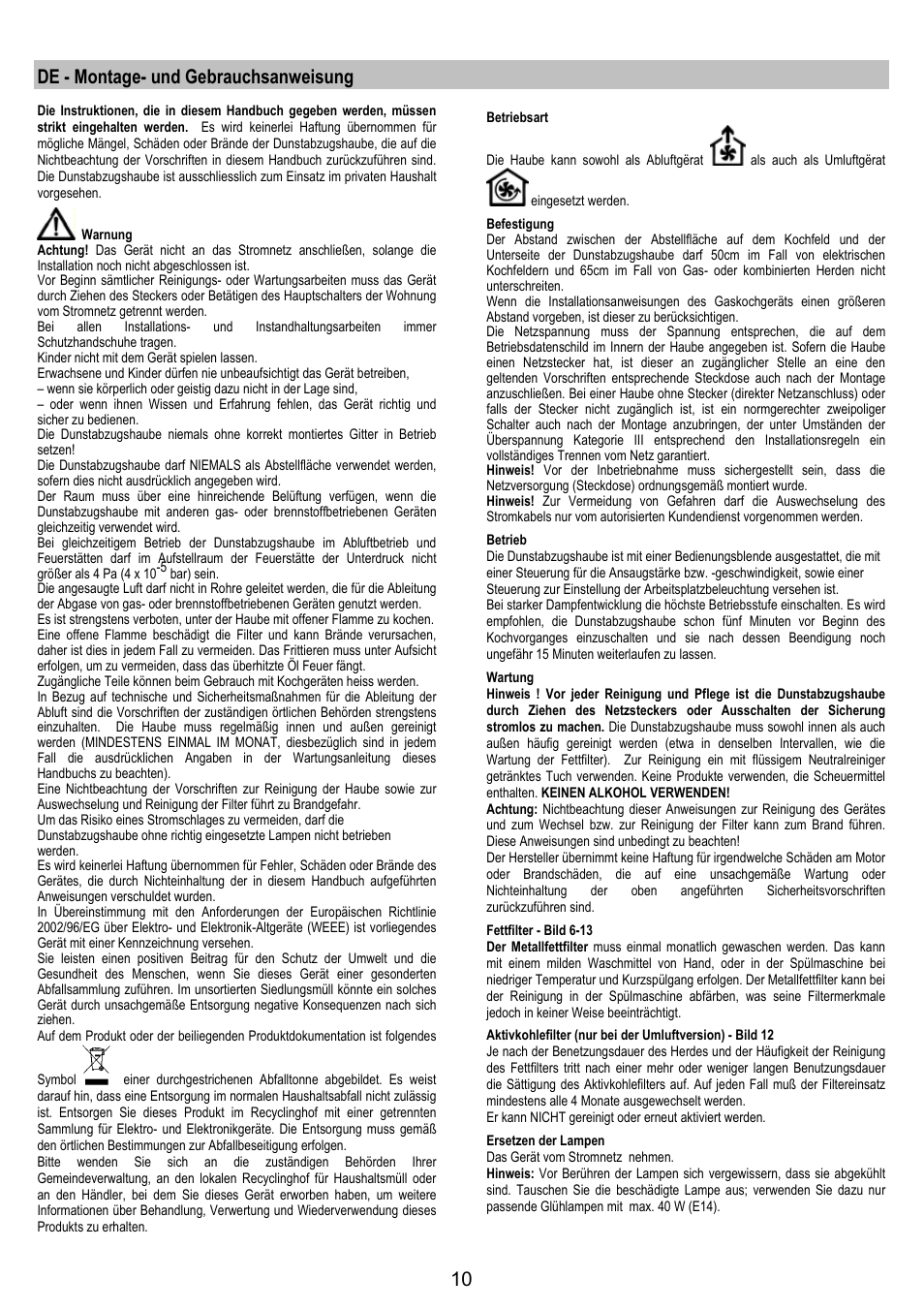 De - montage- und gebrauchsanweisung | Electrolux EFT531W User Manual | Page 10 / 40