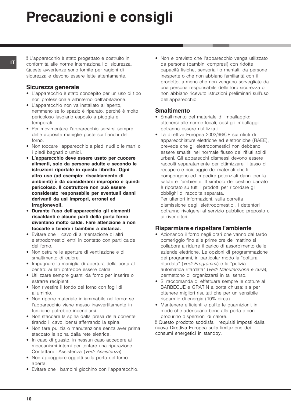 Precauzioni e consigli | Hotpoint Ariston Luce FK 89 P X-HA User Manual | Page 10 / 72
