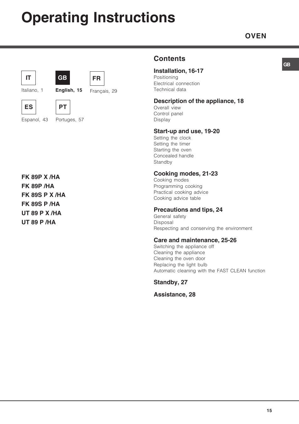 090612gb, Operating instructions, Oven contents | Hotpoint Ariston Luce FK 89 P X-HA User Manual | Page 15 / 72