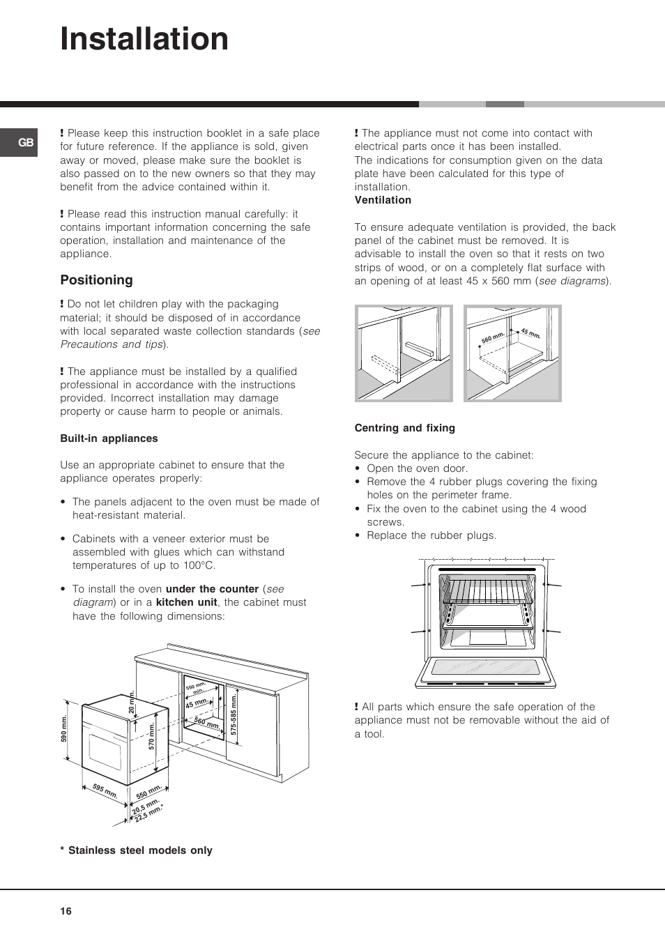 Installation, Positioning | Hotpoint Ariston Luce FK 89 P X-HA User Manual | Page 16 / 72