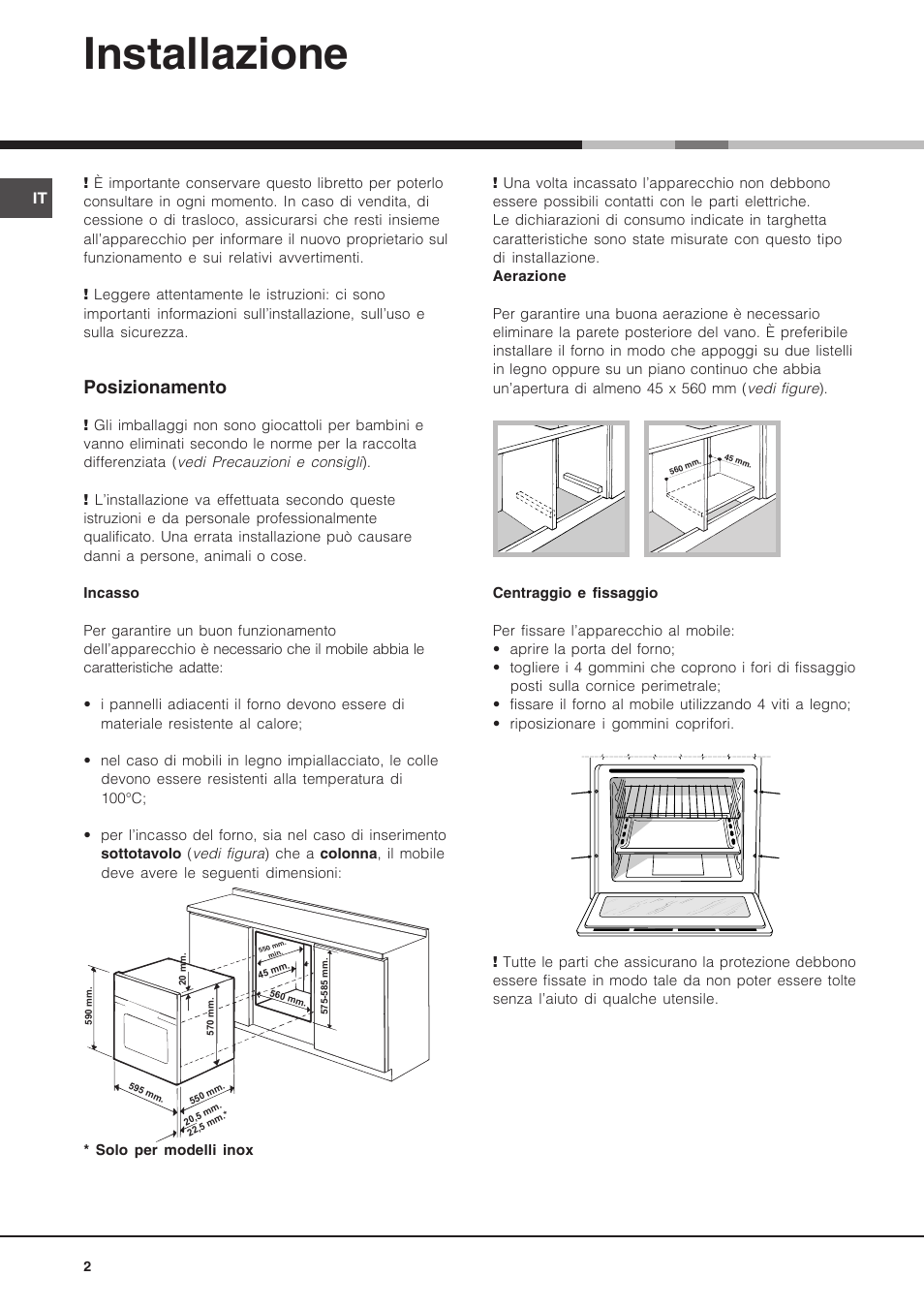 Installazione, Posizionamento | Hotpoint Ariston Luce FK 89 P X-HA User Manual | Page 2 / 72