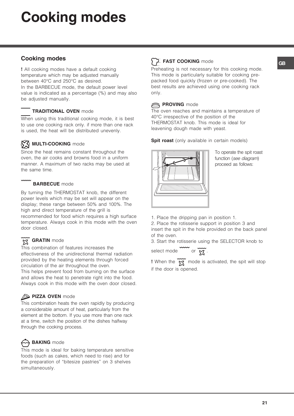 Cooking modes | Hotpoint Ariston Luce FK 89 P X-HA User Manual | Page 21 / 72