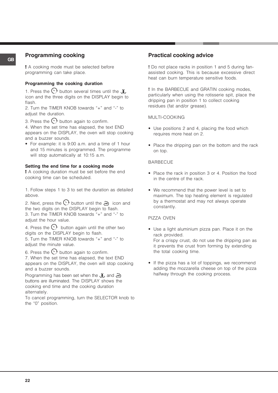 Programming cooking, Practical cooking advice | Hotpoint Ariston Luce FK 89 P X-HA User Manual | Page 22 / 72