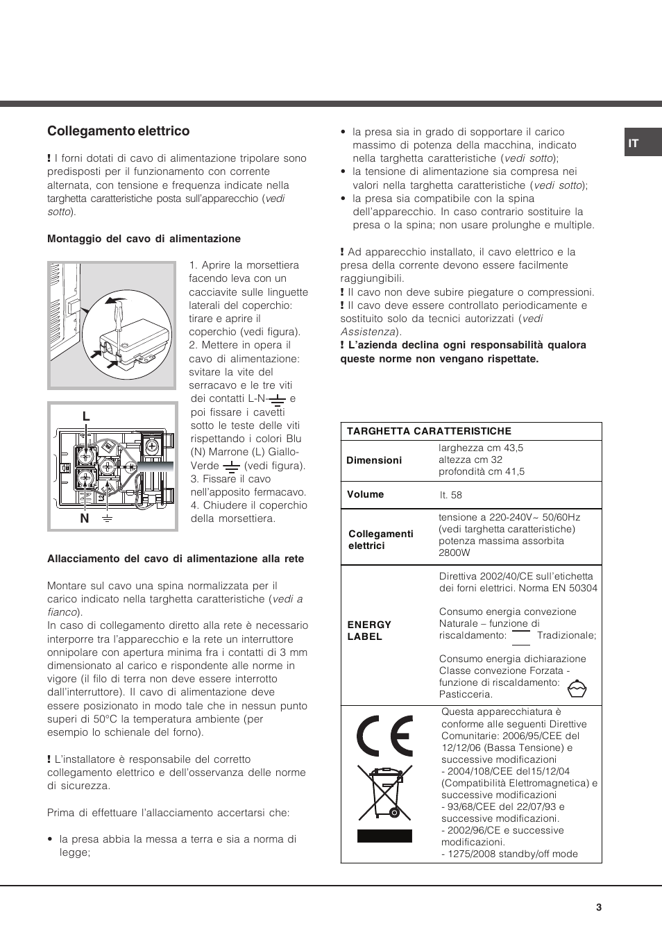 Collegamento elettrico | Hotpoint Ariston Luce FK 89 P X-HA User Manual | Page 3 / 72