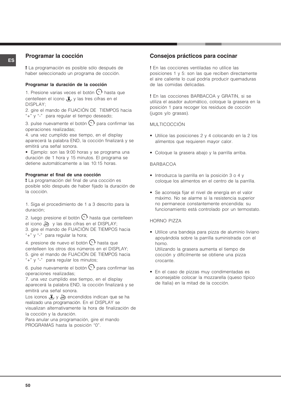 Programar la cocción, Consejos prácticos para cocinar | Hotpoint Ariston Luce FK 89 P X-HA User Manual | Page 50 / 72