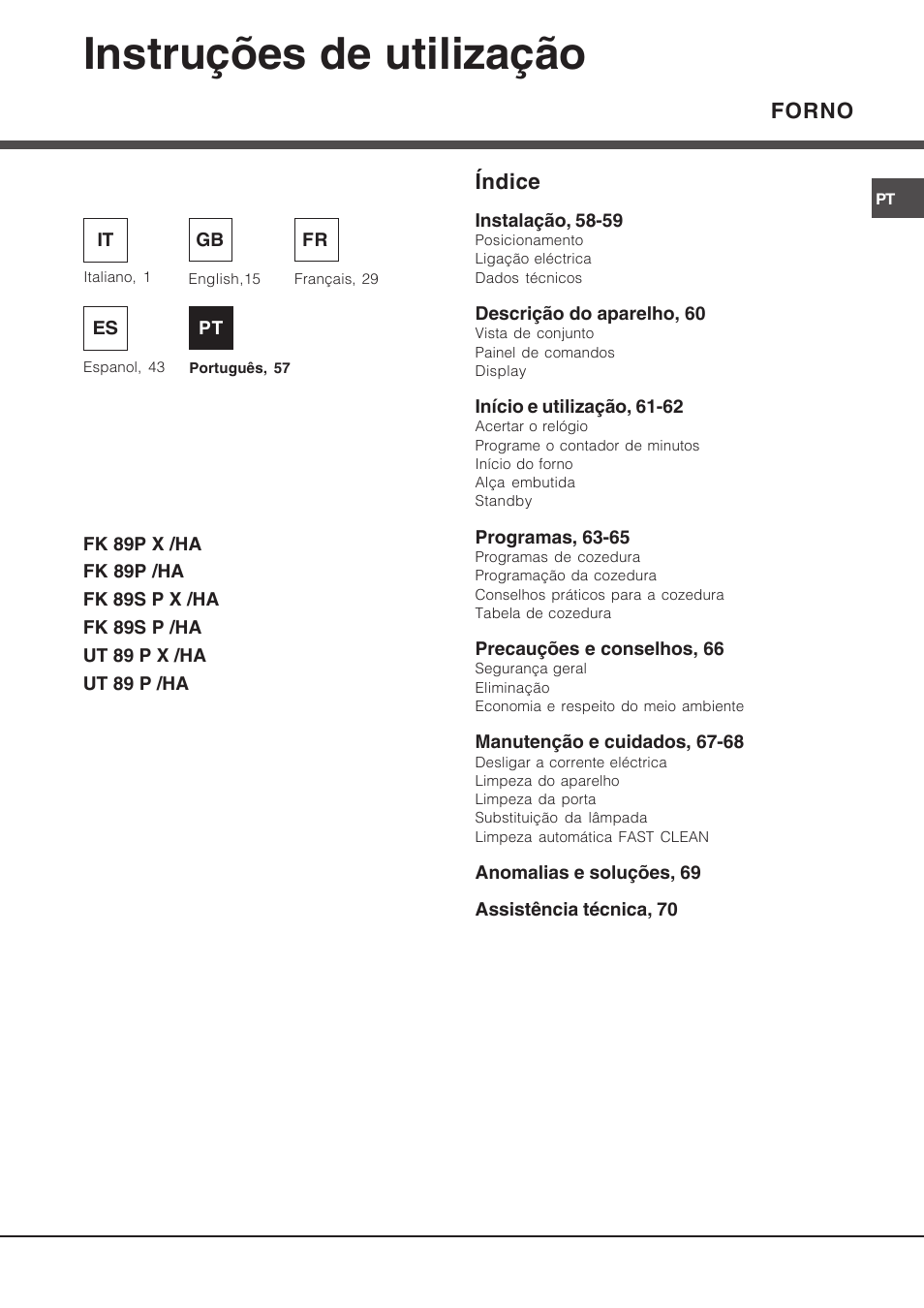 090612pt, Instruções de utilização, Forno índice | Hotpoint Ariston Luce FK 89 P X-HA User Manual | Page 57 / 72