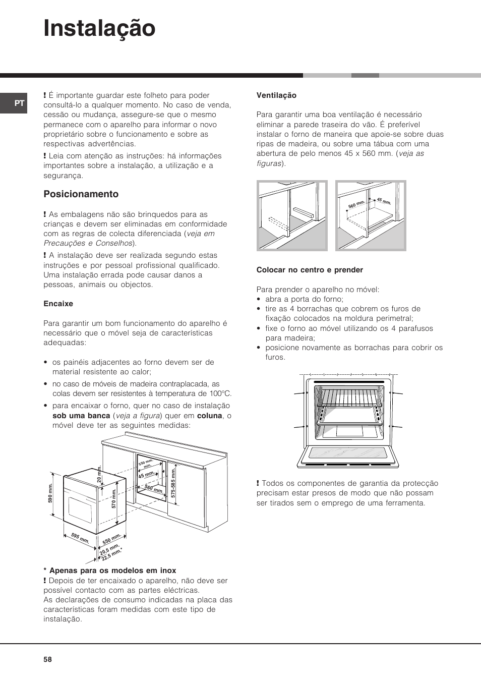 Instalação, Posicionamento | Hotpoint Ariston Luce FK 89 P X-HA User Manual | Page 58 / 72