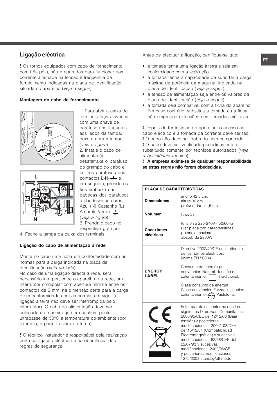 Ligação eléctrica | Hotpoint Ariston Luce FK 89 P X-HA User Manual | Page 59 / 72