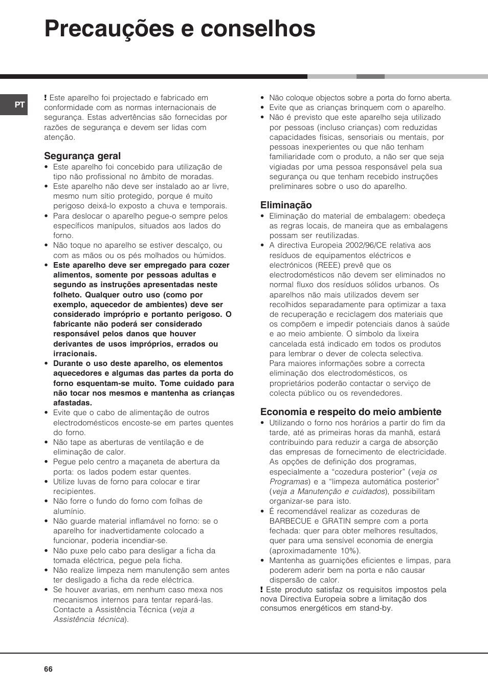 Precauções e conselhos | Hotpoint Ariston Luce FK 89 P X-HA User Manual | Page 66 / 72