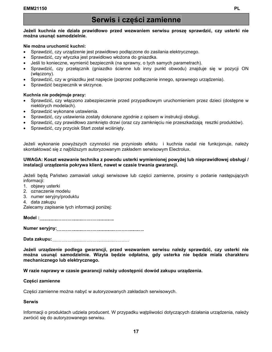 Serwis i części zamienne | Electrolux EMM21150S User Manual | Page 105 / 164