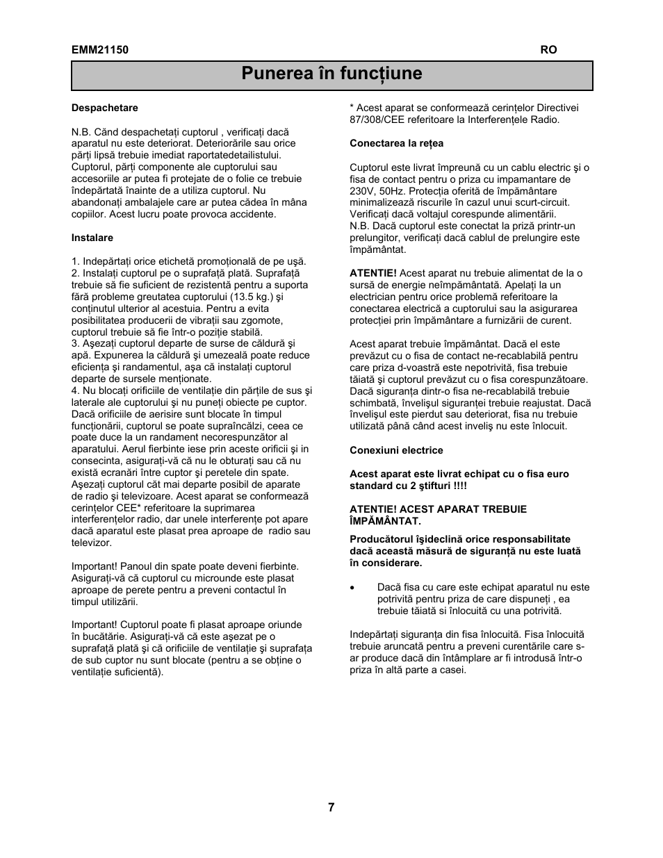 Punerea în funcţiune | Electrolux EMM21150S User Manual | Page 111 / 164