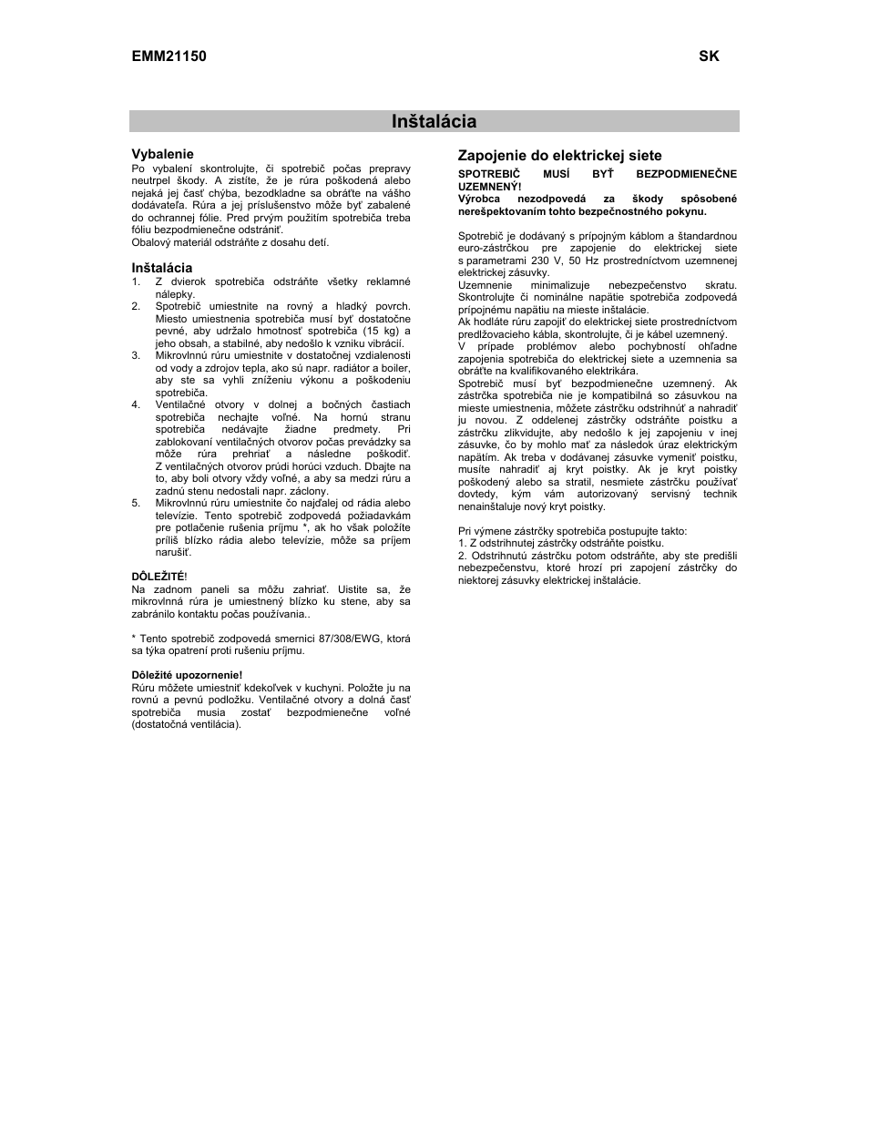 Inštalácia | Electrolux EMM21150S User Manual | Page 126 / 164