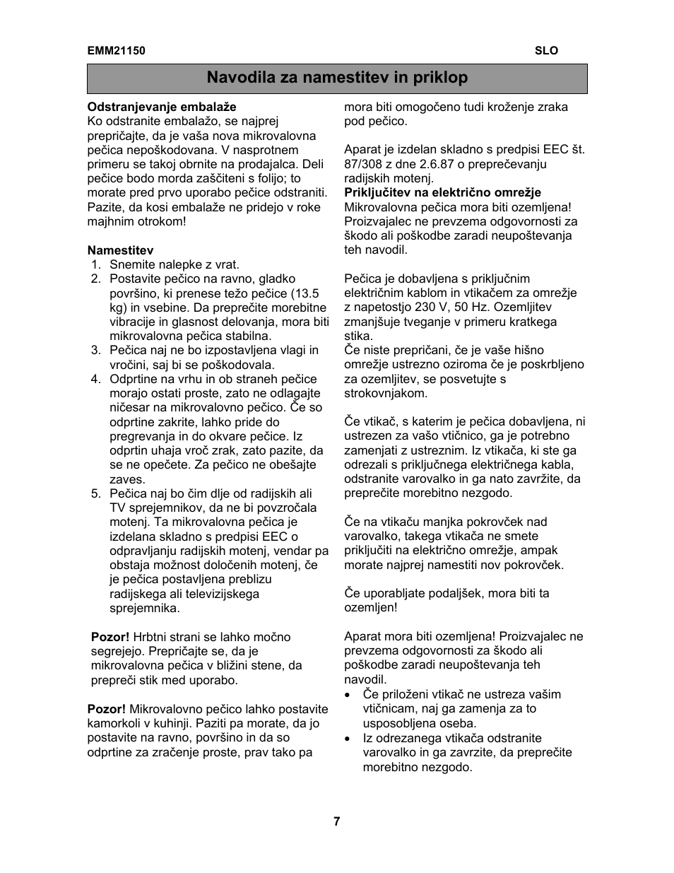 Navodila za namestitev in priklop | Electrolux EMM21150S User Manual | Page 140 / 164