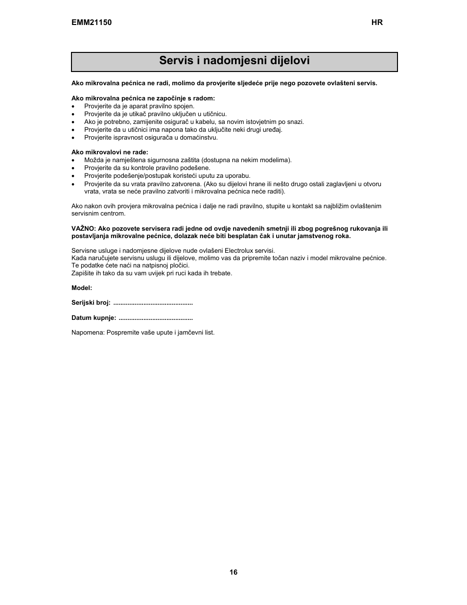 Servis i nadomjesni dijelovi | Electrolux EMM21150S User Manual | Page 31 / 164