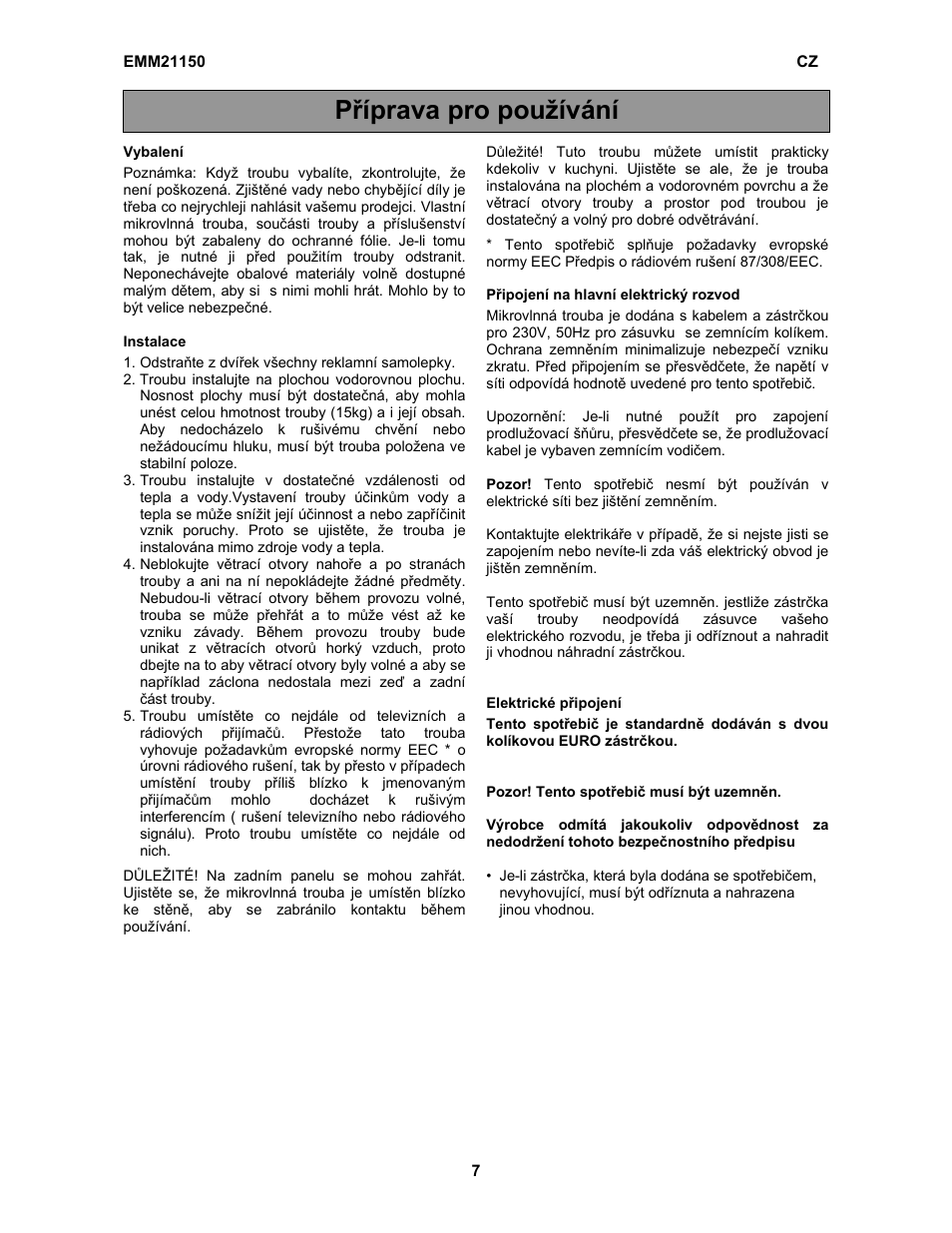 Příprava pro používání | Electrolux EMM21150S User Manual | Page 36 / 164