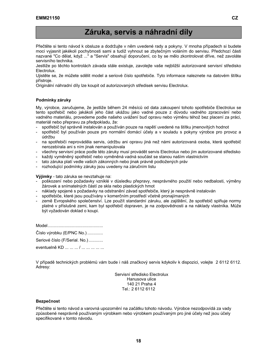 Záruka, servis a náhradní díly | Electrolux EMM21150S User Manual | Page 47 / 164