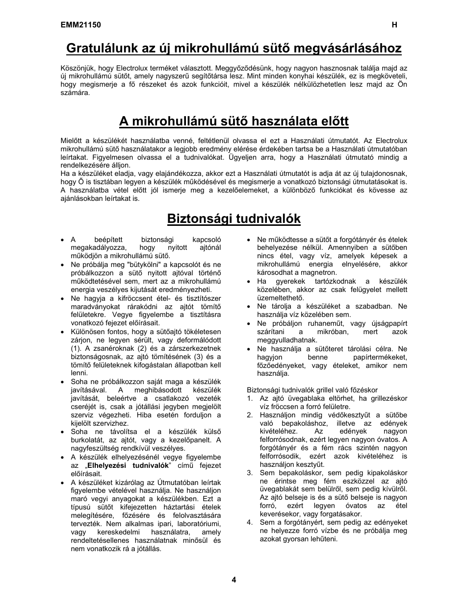 A mikrohullámú sütő használata előtt, Biztonsági tudnivalók | Electrolux EMM21150S User Manual | Page 78 / 164