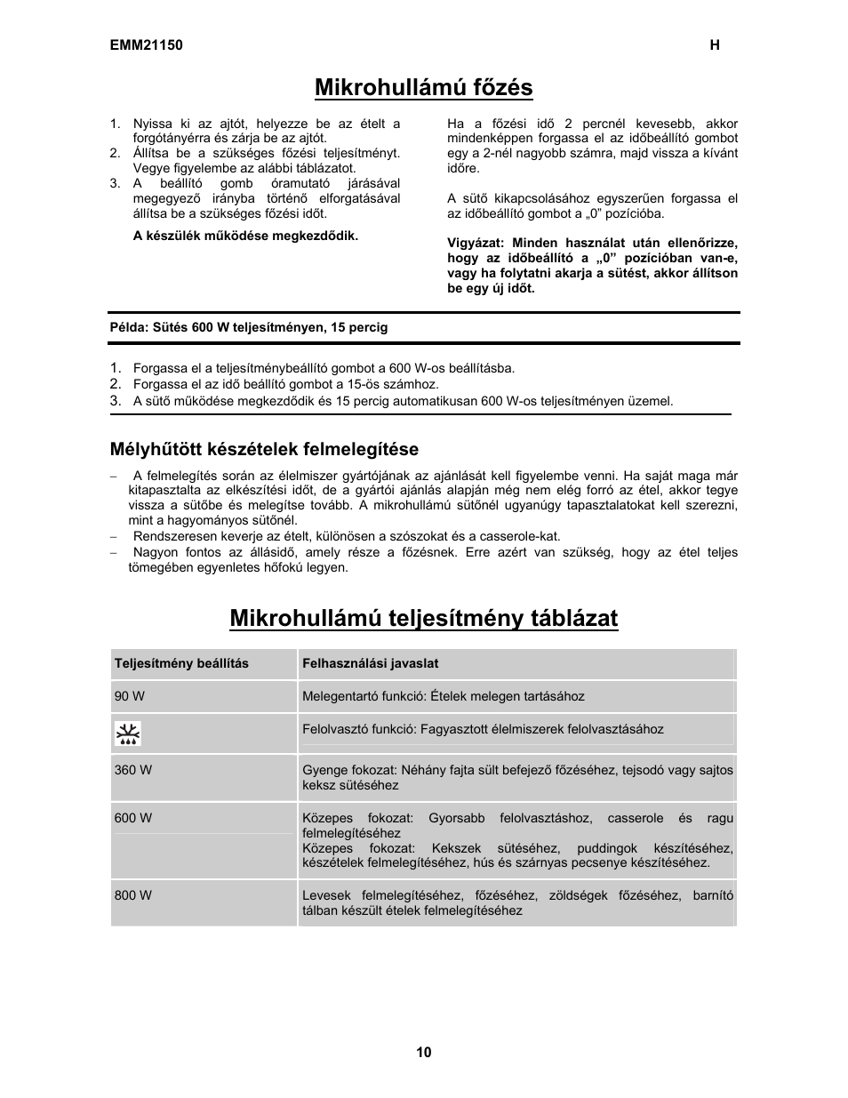 Mikrohullámú főzés, Mikrohullámú teljesítmény táblázat, Mélyhűtött készételek felmelegítése | Electrolux EMM21150S User Manual | Page 84 / 164