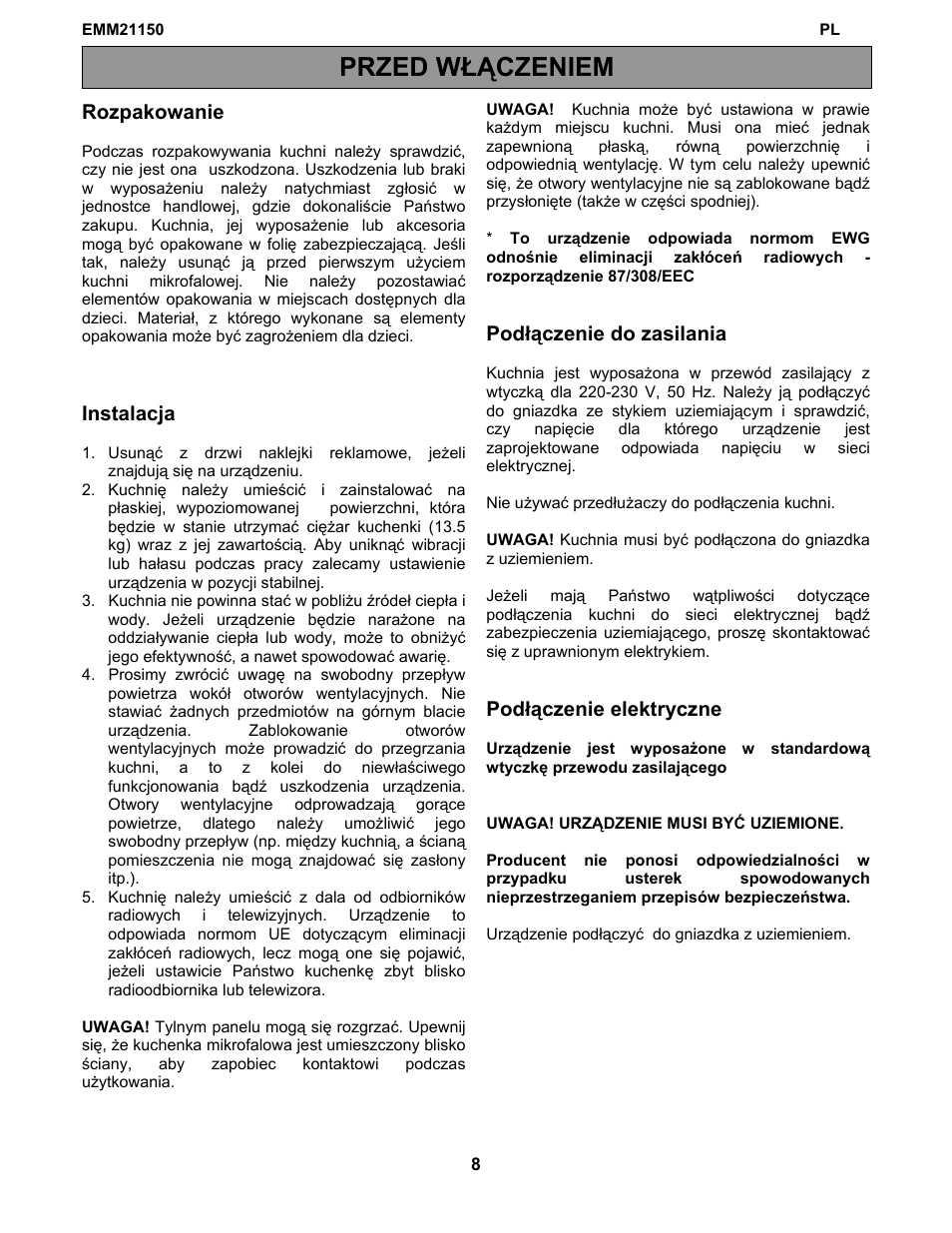 Przed włączeniem | Electrolux EMM21150S User Manual | Page 96 / 164