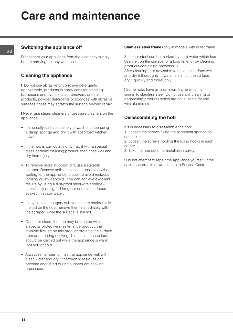 Care and maintenance | Hotpoint Ariston KIC 644 C User Manual | Page 14 / 84