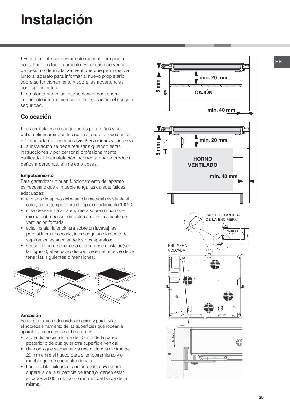 Instalación, Colocación | Hotpoint Ariston KIC 644 C User Manual | Page 25 / 84