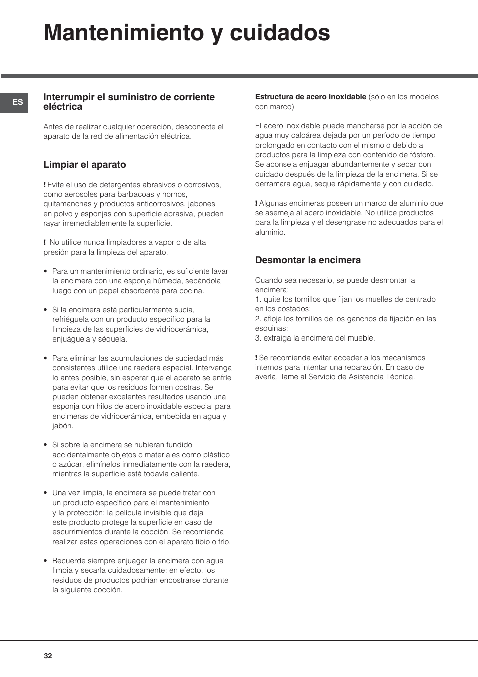 Mantenimiento y cuidados | Hotpoint Ariston KIC 644 C User Manual | Page 32 / 84