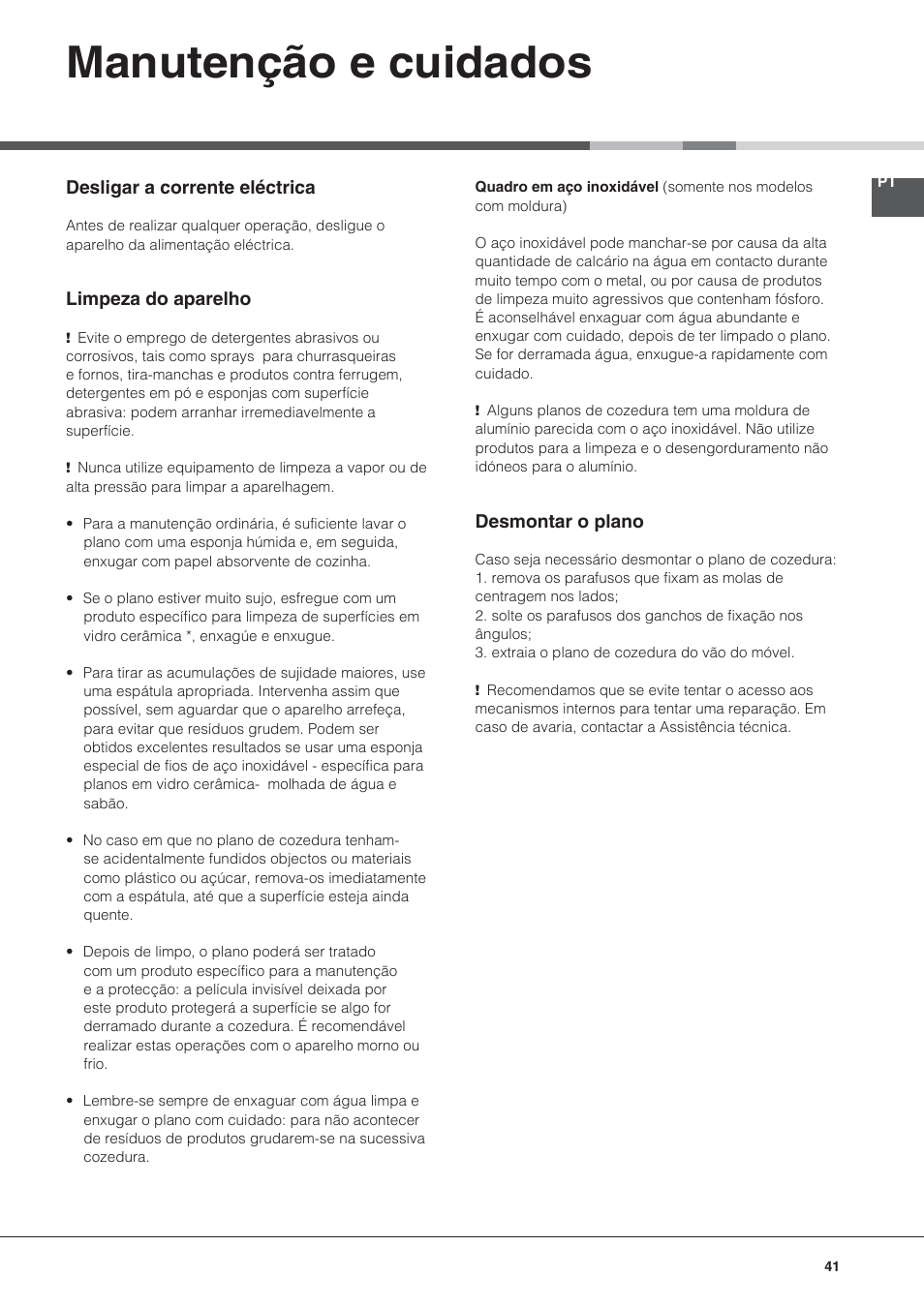 Manutenção e cuidados | Hotpoint Ariston KIC 644 C User Manual | Page 41 / 84