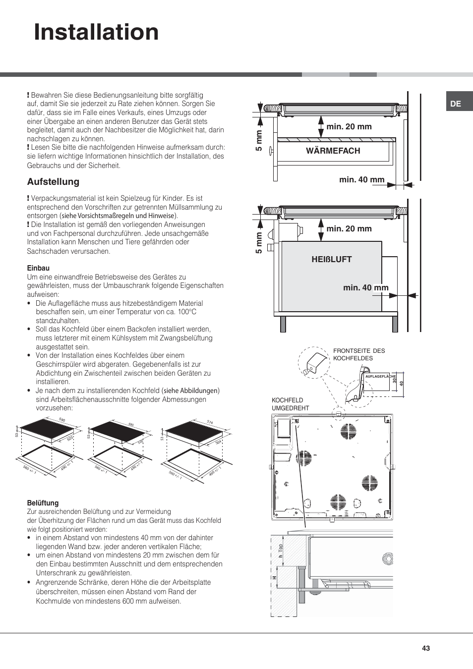 Installation, Aufstellung | Hotpoint Ariston KIC 644 C User Manual | Page 43 / 84