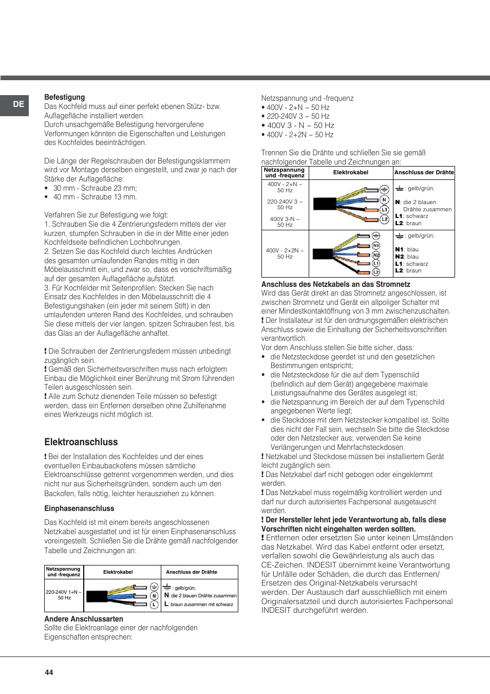 Elektroanschluss | Hotpoint Ariston KIC 644 C User Manual | Page 44 / 84