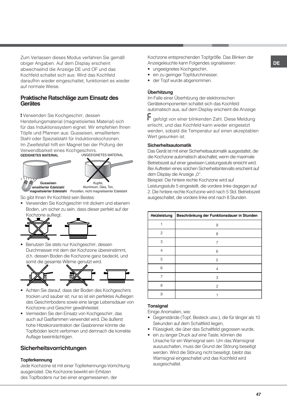 Praktische ratschläge zum einsatz des gerätes, Sicherheitsvorrichtungen | Hotpoint Ariston KIC 644 C User Manual | Page 47 / 84