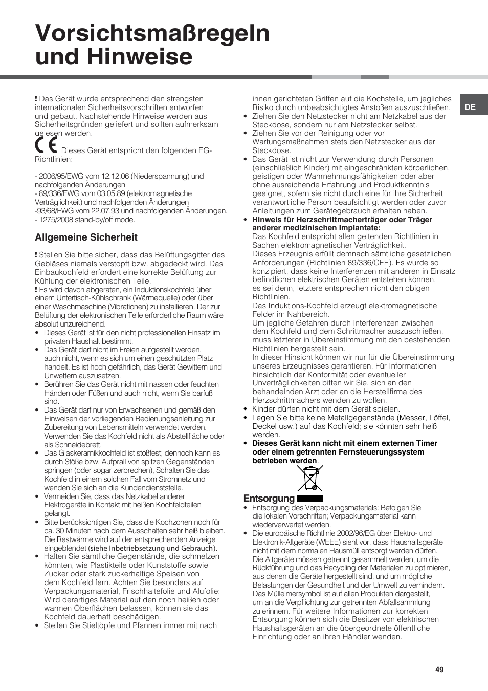 Vorsichtsmaßregeln und hinweise, Allgemeine sicherheit, Entsorgung | Hotpoint Ariston KIC 644 C User Manual | Page 49 / 84