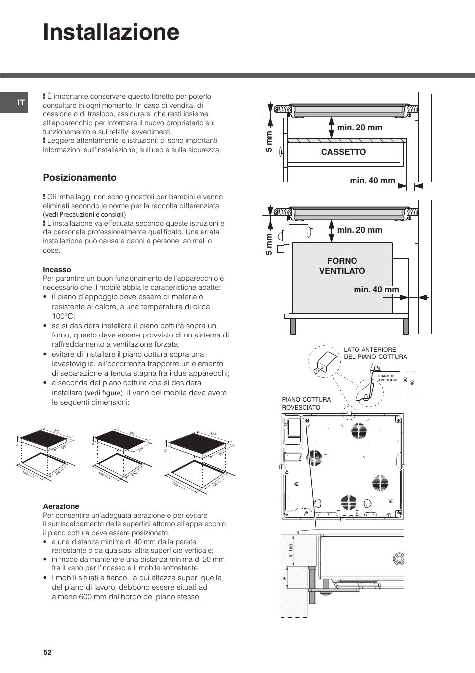 Installazione, Posizionamento | Hotpoint Ariston KIC 644 C User Manual | Page 52 / 84