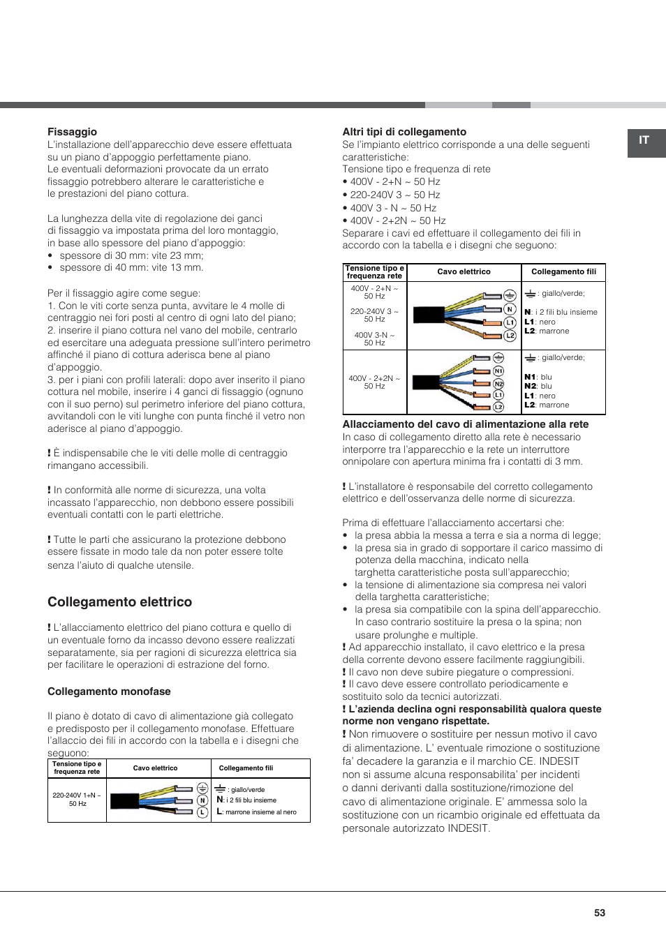 Collegamento elettrico | Hotpoint Ariston KIC 644 C User Manual | Page 53 / 84