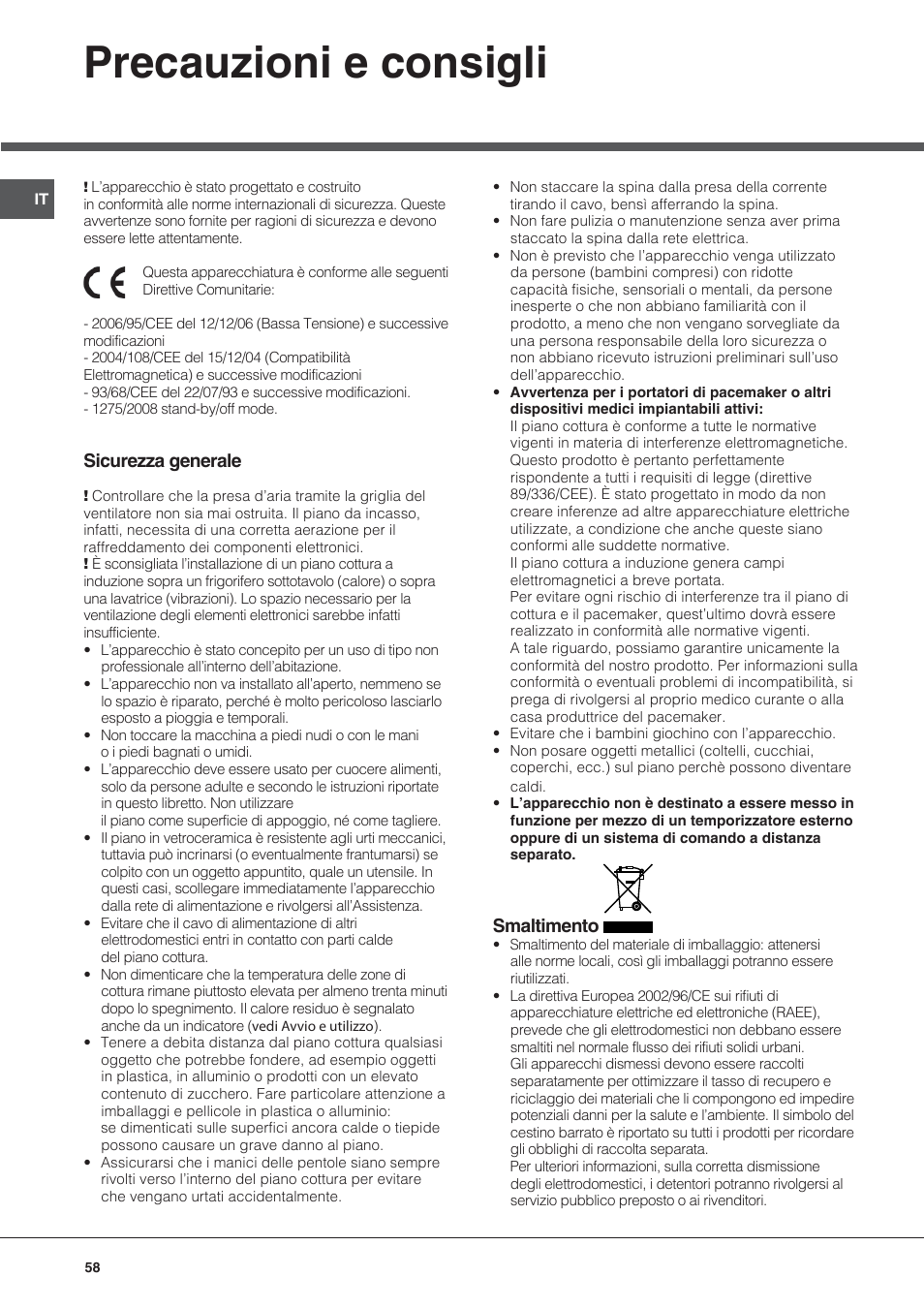 Precauzioni e consigli, Sicurezza generale, Smaltimento | Hotpoint Ariston KIC 644 C User Manual | Page 58 / 84