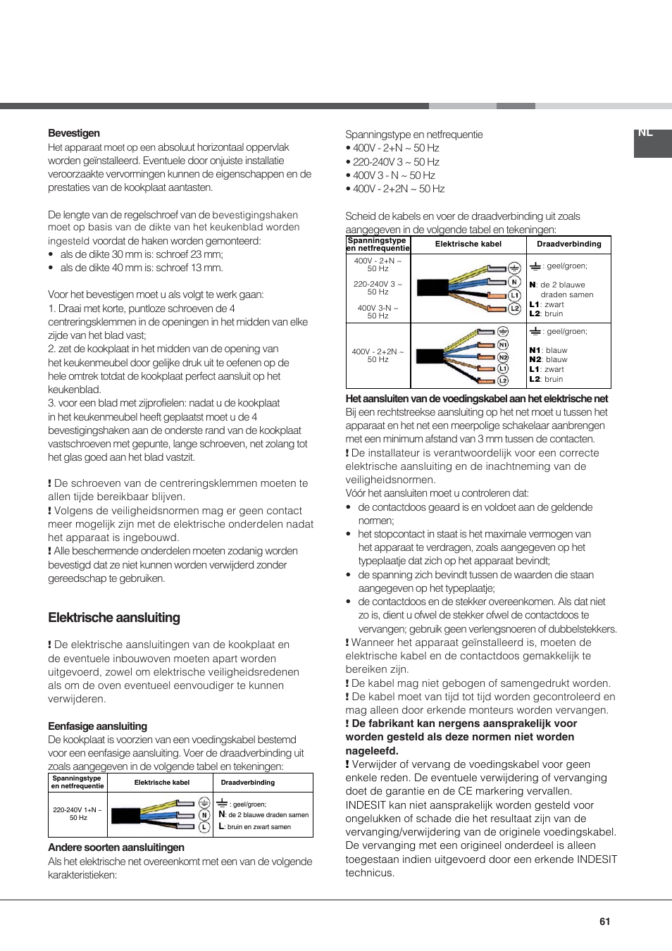 Elektrische aansluiting | Hotpoint Ariston KIC 644 C User Manual | Page 61 / 84