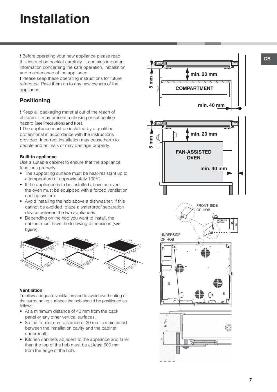 Installation, Positioning | Hotpoint Ariston KIC 644 C User Manual | Page 7 / 84