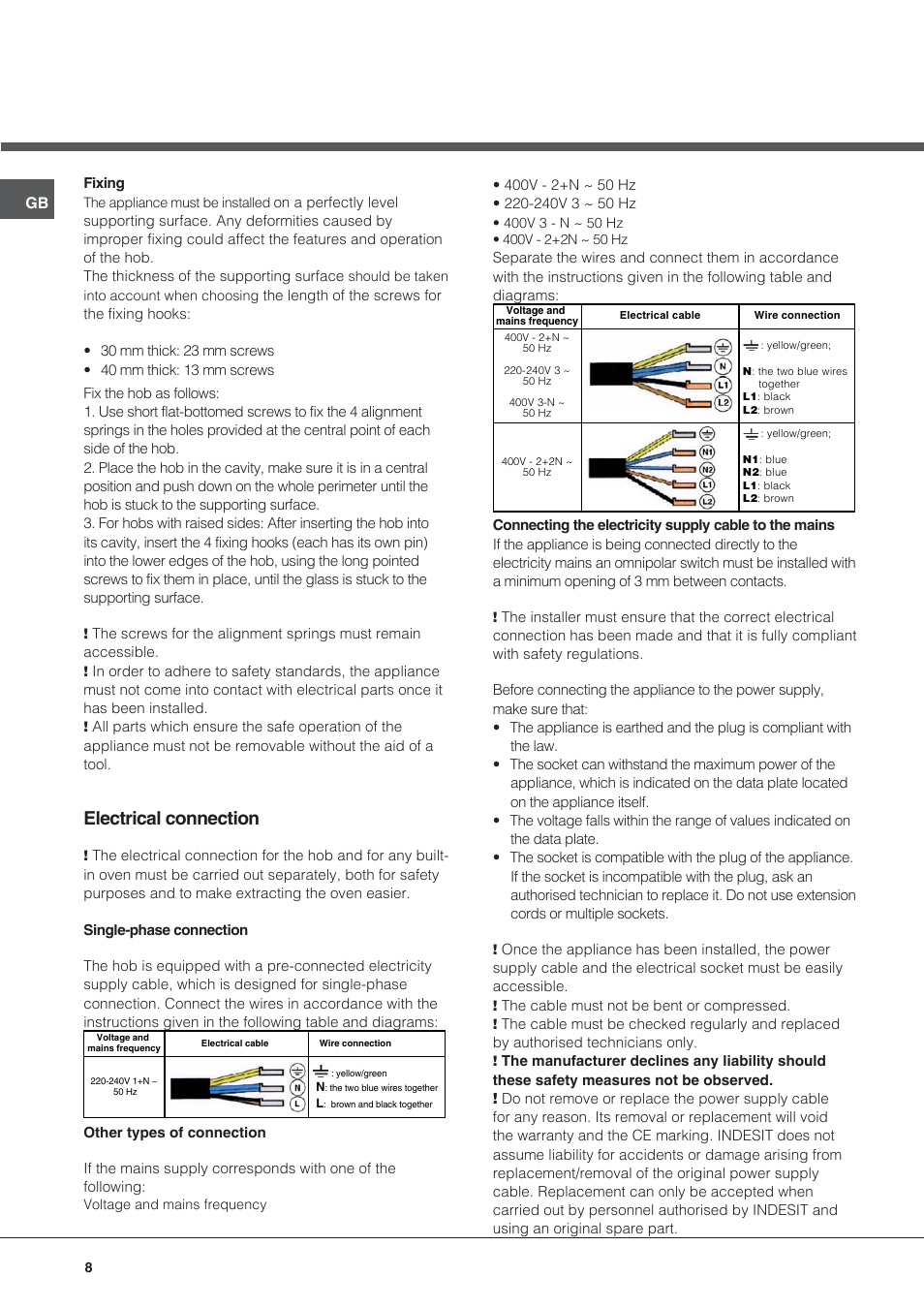 Electrical connection | Hotpoint Ariston KIC 644 C User Manual | Page 8 / 84