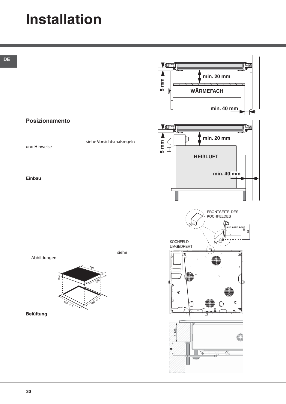 Installation, Posizionamento | Hotpoint Ariston KRM 640 C User Manual | Page 30 / 76