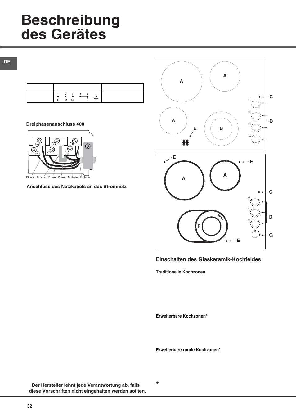 Beschreibung des gerätes, Einschalten des glaskeramik-kochfeldes | Hotpoint Ariston KRM 640 C User Manual | Page 32 / 76