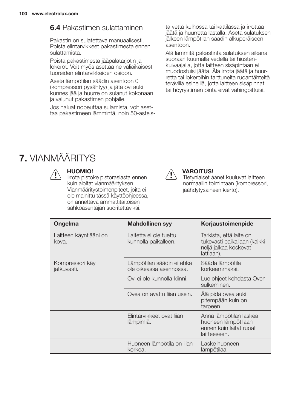 Vianmääritys, 4 pakastimen sulattaminen | Electrolux EN2401AOX User Manual | Page 100 / 128