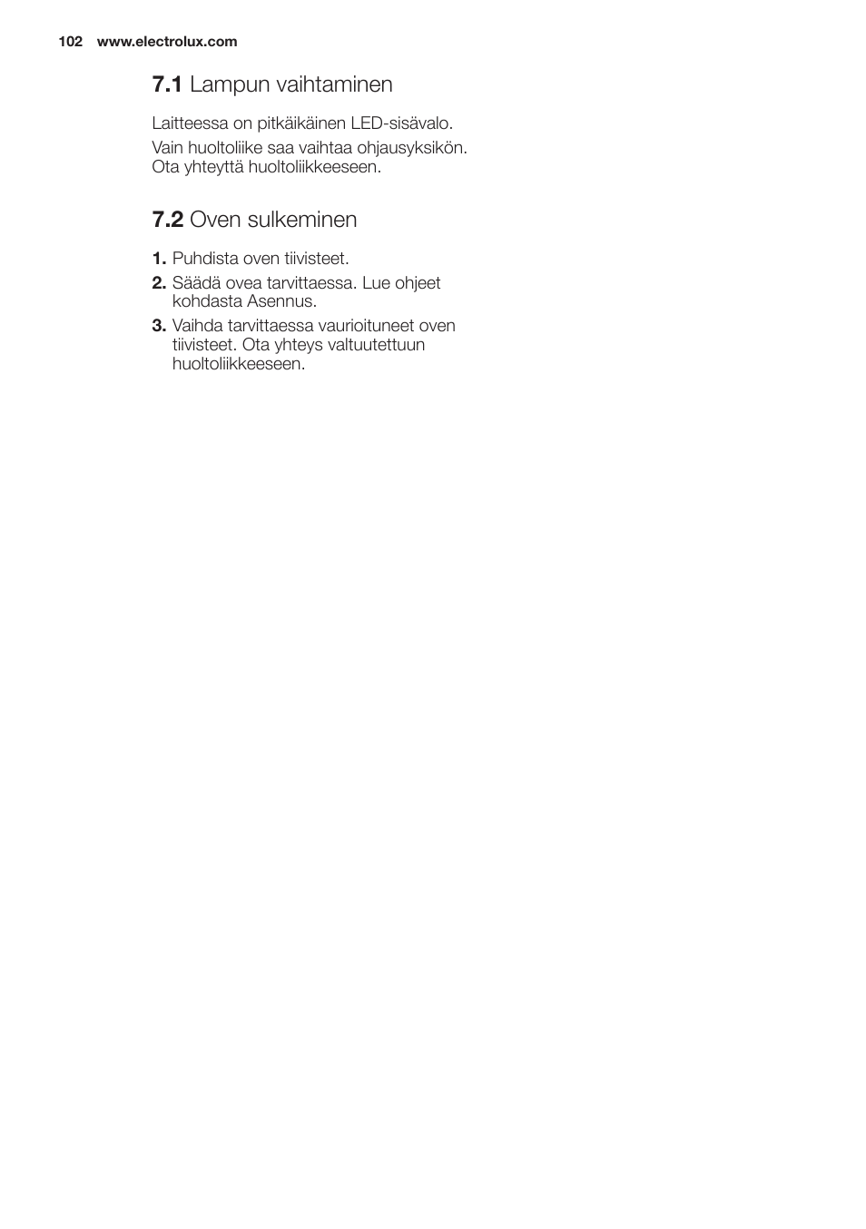 1 lampun vaihtaminen, 2 oven sulkeminen | Electrolux EN2401AOX User Manual | Page 102 / 128