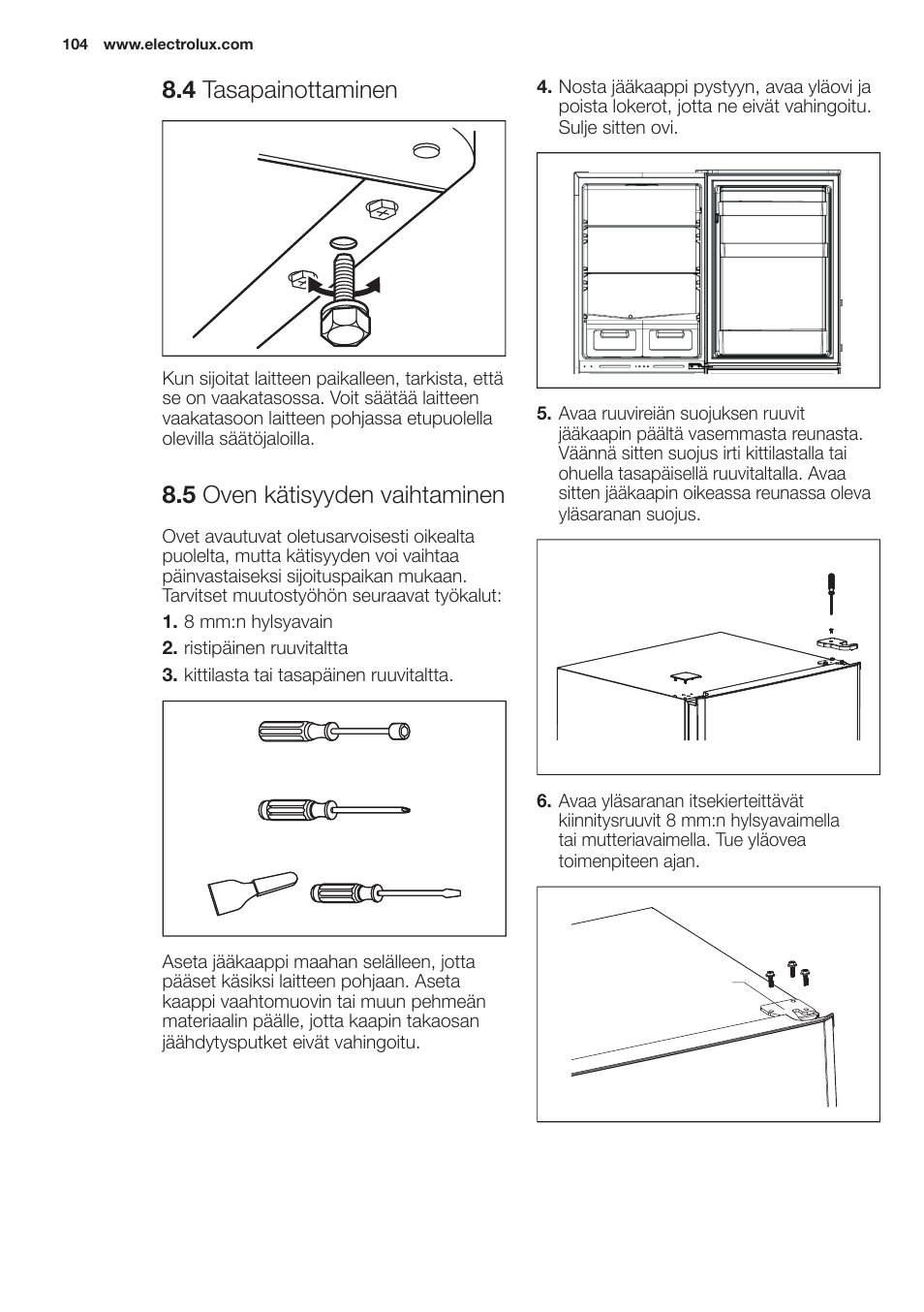4 tasapainottaminen, 5 oven kätisyyden vaihtaminen | Electrolux EN2401AOX User Manual | Page 104 / 128