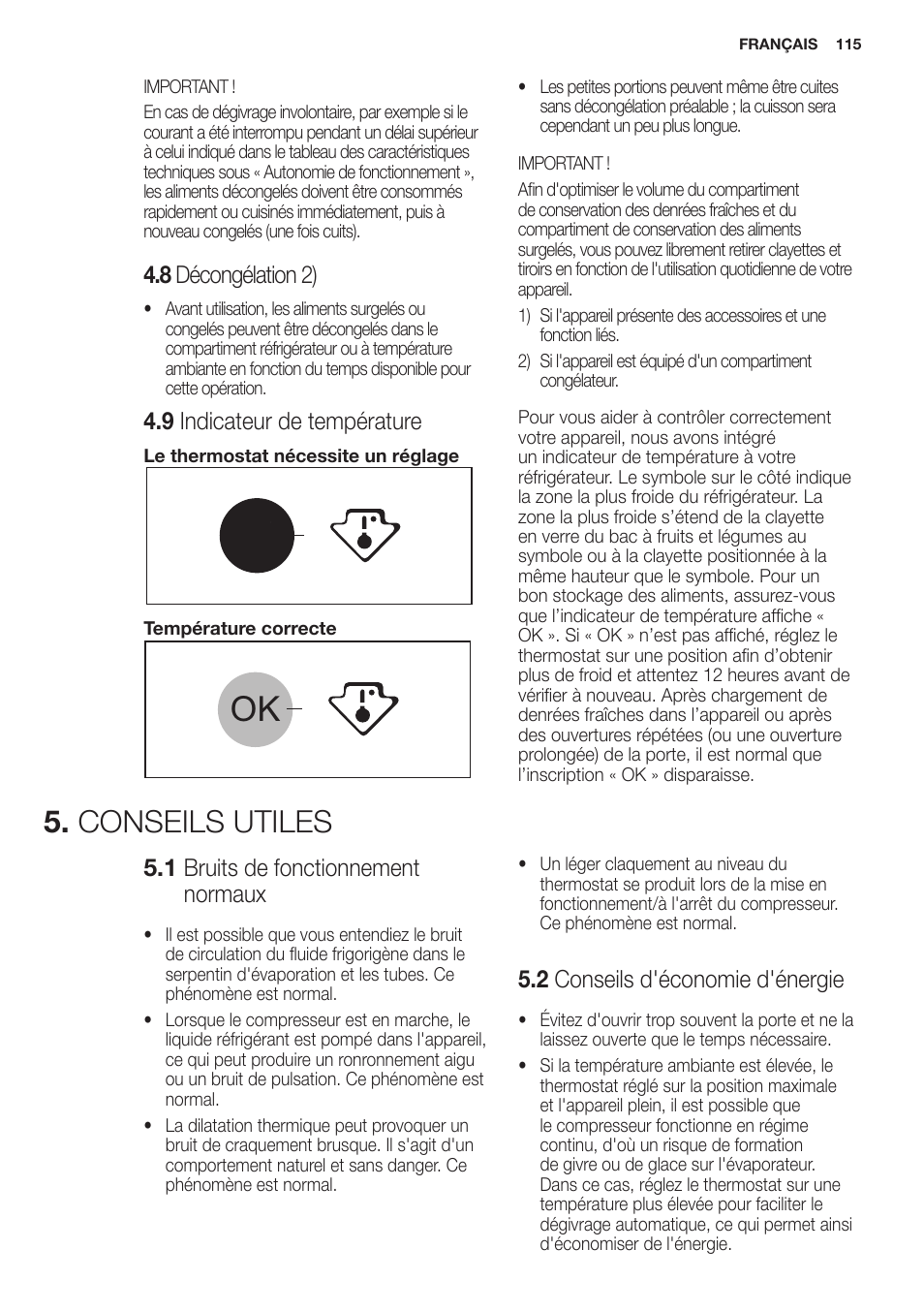 Conseils utiles, 8 décongélation 2), 1 bruits de fonctionnement normaux | 2 conseils d'économie d'énergie, 9 indicateur de température | Electrolux EN2401AOX User Manual | Page 115 / 128