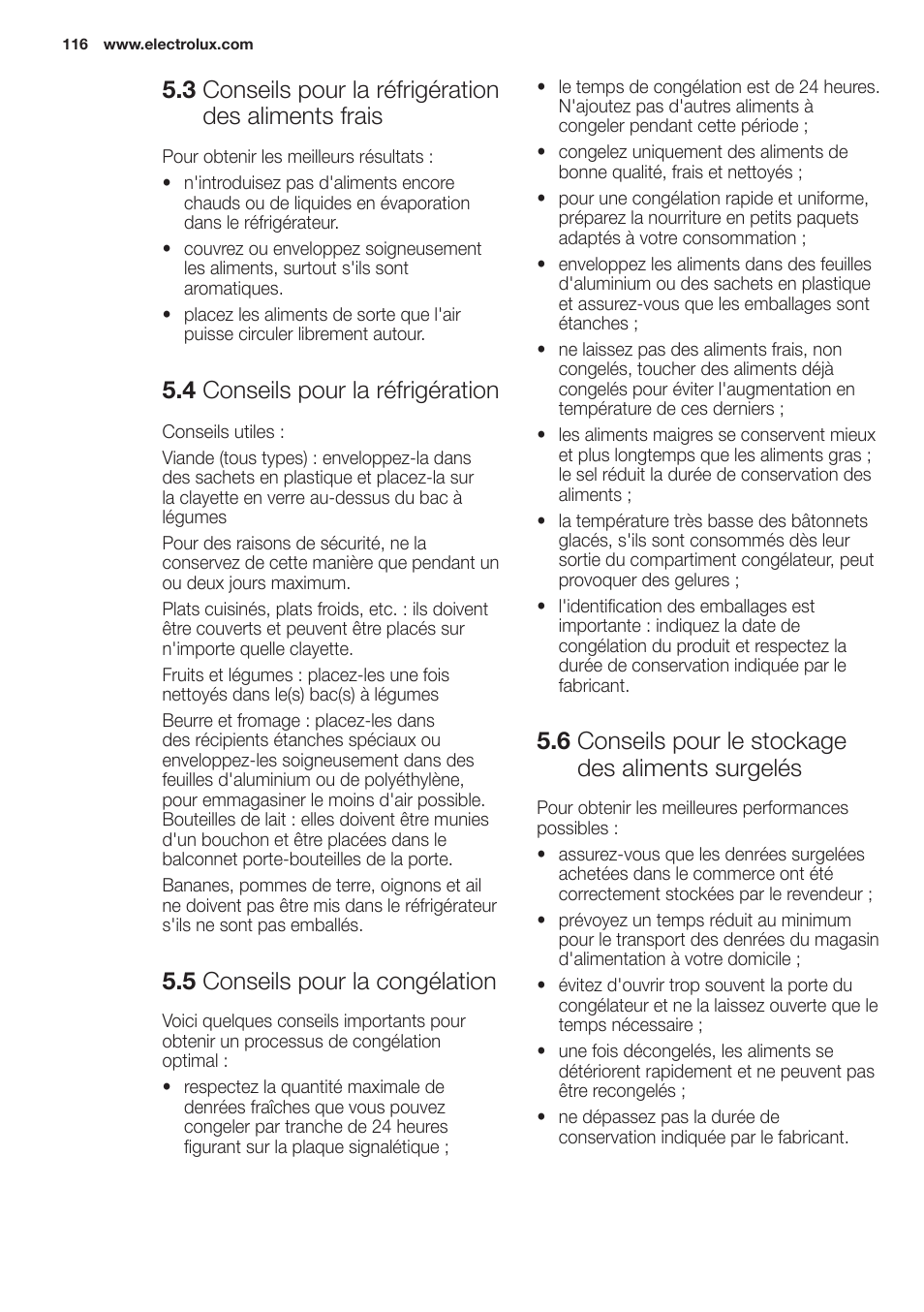 4 conseils pour la réfrigération, 5 conseils pour la congélation, 6 conseils pour le stockage des aliments surgelés | Electrolux EN2401AOX User Manual | Page 116 / 128