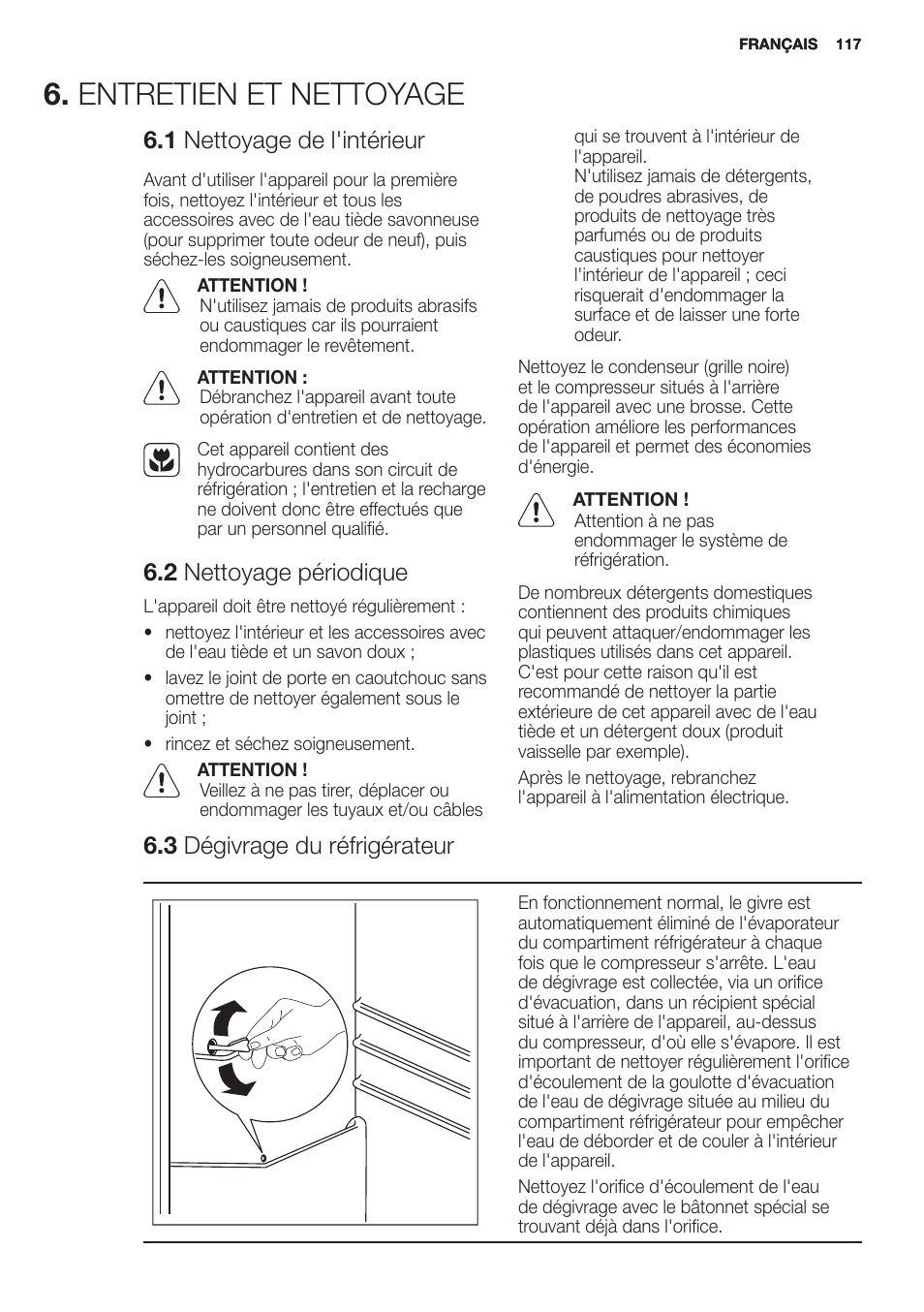 Entretien et nettoyage, 1 nettoyage de l'intérieur, 2 nettoyage périodique | 3 dégivrage du réfrigérateur | Electrolux EN2401AOX User Manual | Page 117 / 128