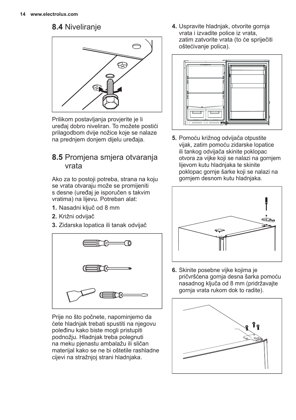 4 niveliranje, 5 promjena smjera otvaranja vrata | Electrolux EN2401AOX User Manual | Page 14 / 128