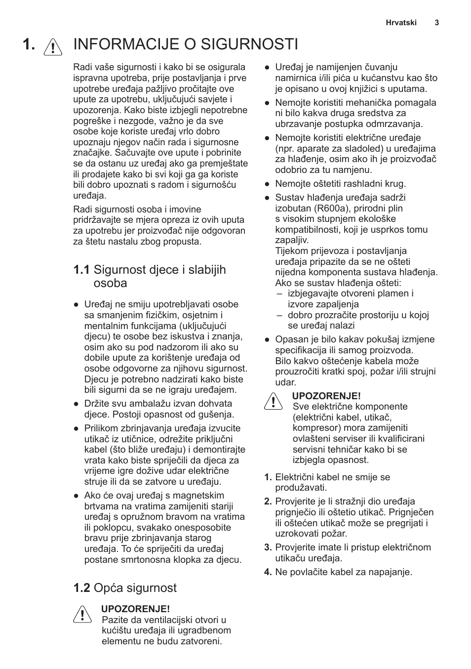 Informacije o sigurnosti, 1 sigurnost djece i slabijih osoba, 2 opća sigurnost | Electrolux EN2401AOX User Manual | Page 3 / 128